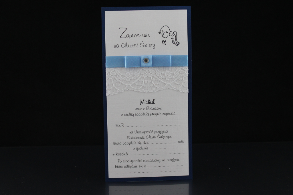 Zaproszenia na chrzest z koronką, papier granatowy