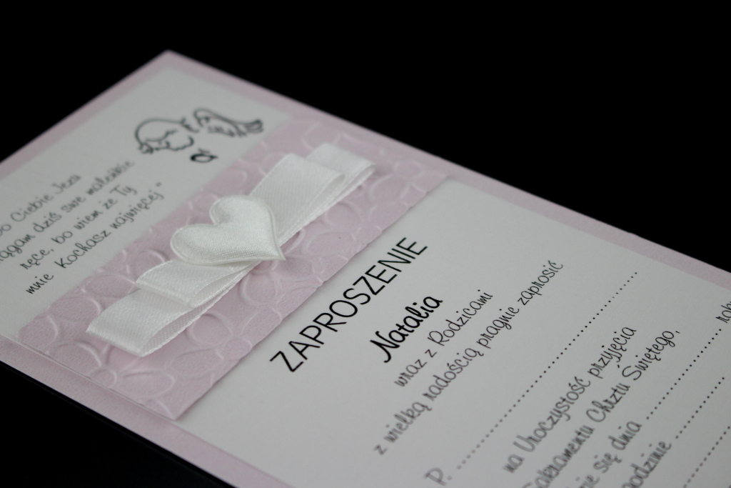 Zaproszenia na chrzest z tłoczeniem, papier różowy