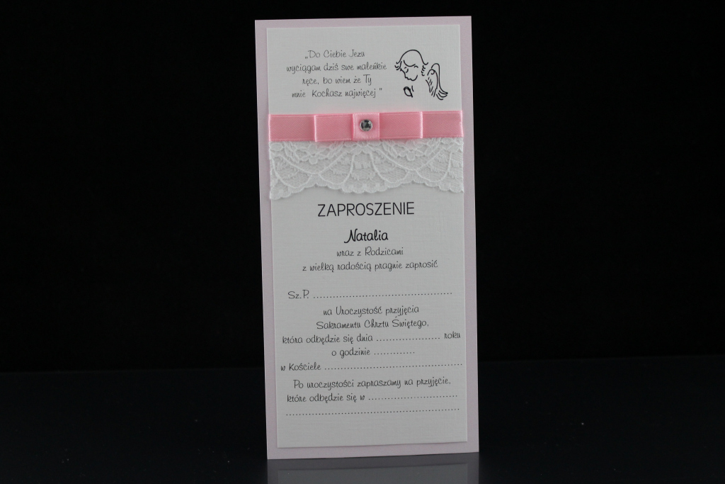 Zaproszenia na chrzest z koronką, papier różowy