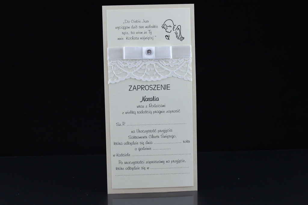 Zaproszenia na chrzest z koronką, papier kremowy